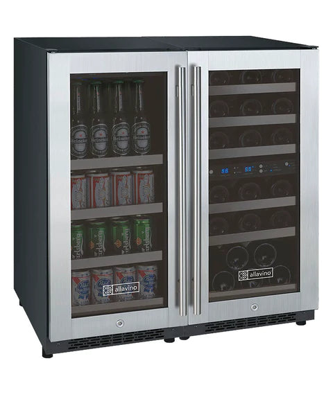 Allavino 30" Wide FlexCount II Tru-Vino 30 Bottle/88 Can Dual Zone/Three Zone Stainless Steel Side-by-Side Wine Refrigerator/Beverage Center