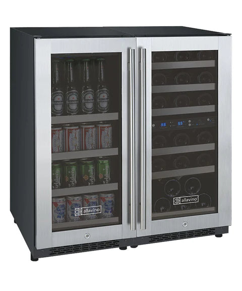 Allavino 30" Wide FlexCount II Tru-Vino 30 Bottle/88 Can Dual Zone/Three Zone Stainless Steel Side-by-Side Wine Refrigerator/Beverage Center