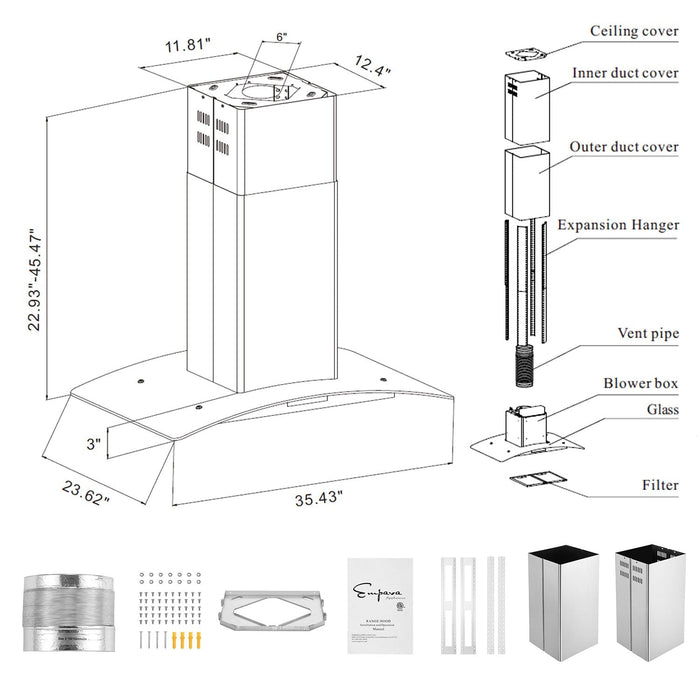 Empava 36 in. Kitchen 400 CFM Island Wall Mount Ducted Range Hood 36RH09