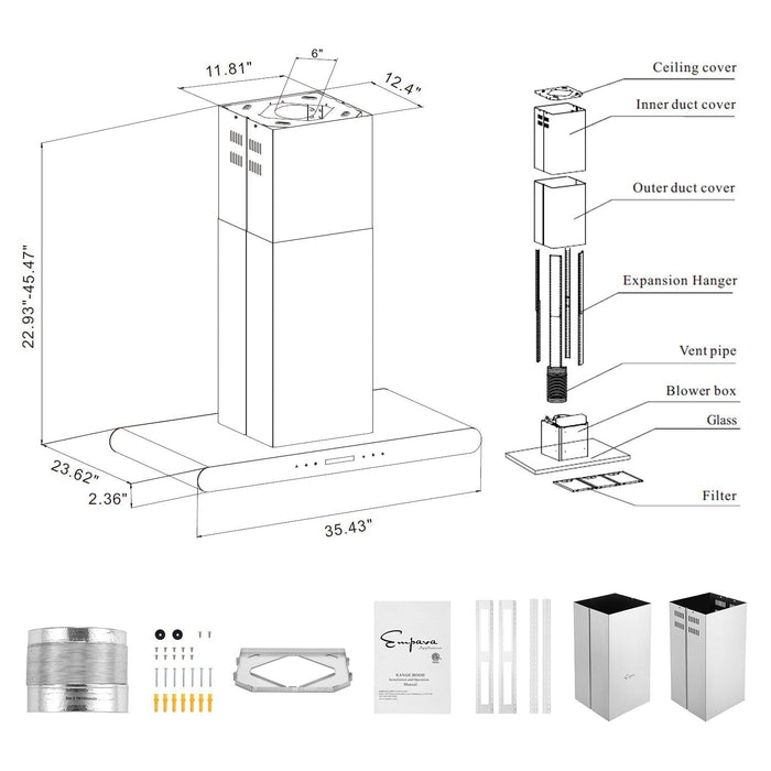 Empava 36 in. 400 CFM Island Wall Mount Ducted Range Hood 36RH10