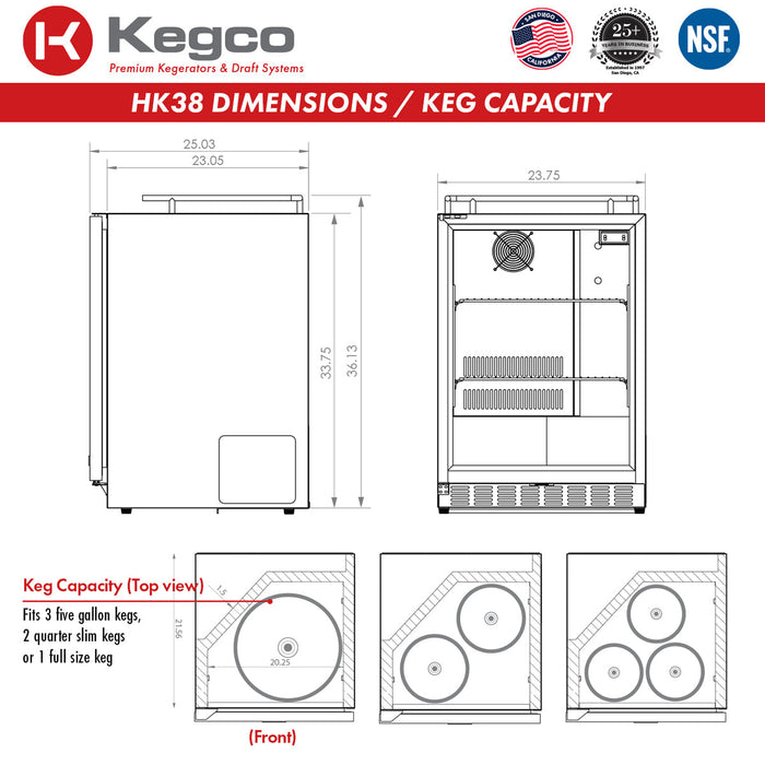 Kegco 24 inch Built-in Dual Tap Stainless Steel Kegerator With Wide Temperature Range