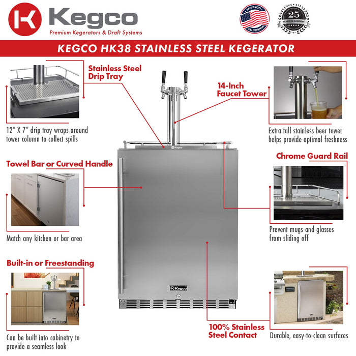 Kegco 24 inch Built-in Dual Tap Stainless Steel Kegerator With Wide Temperature Range