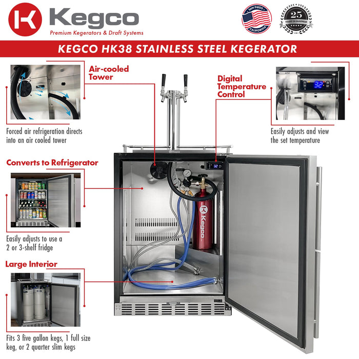 Kegco 24 inch Built-in Dual Tap Stainless Steel Kegerator With Wide Temperature Range