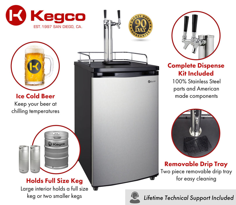 Kegco 20 Dual Tap Full-Size Keg Beer Dispenser with Stainless Steel Door
