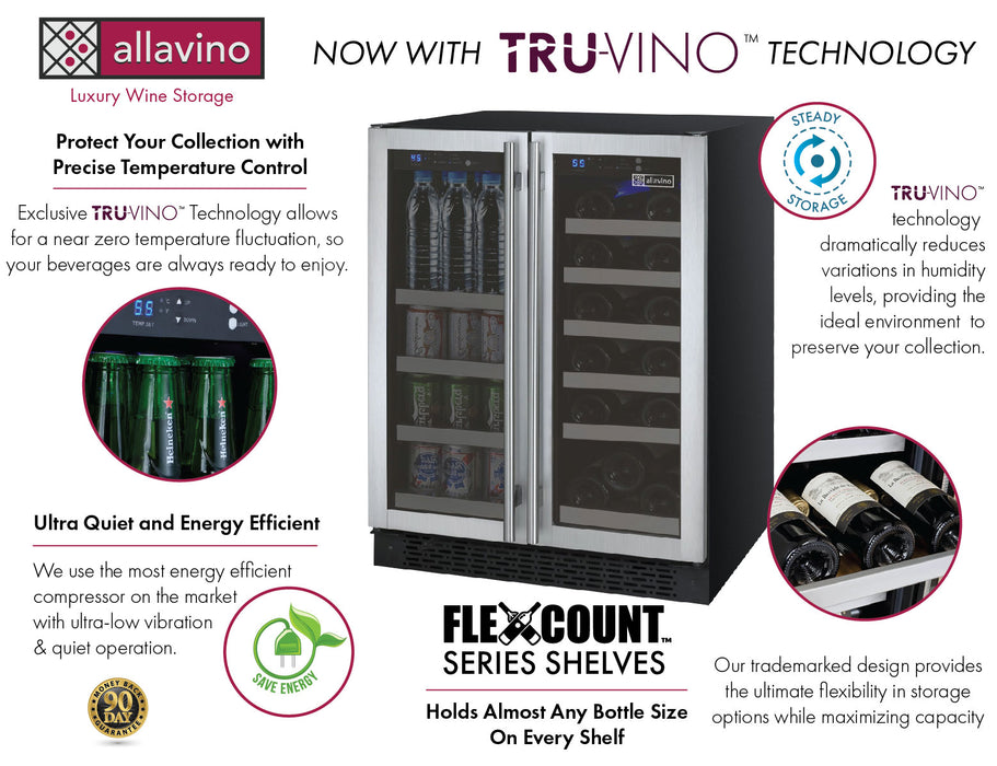 Allavino 24" Wide FlexCount II Tru-Vino 18 Bottle/66 Cans Dual Zone Stainless Steel Wine Refrigerator/Beverage Center