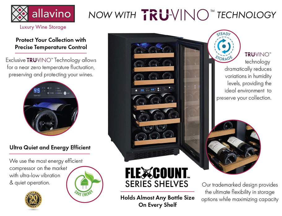 Allavino 15" Wide FlexCount II Tru-Vino 30 Bottle Dual Zone Right Hinge Wine Refrigerator
