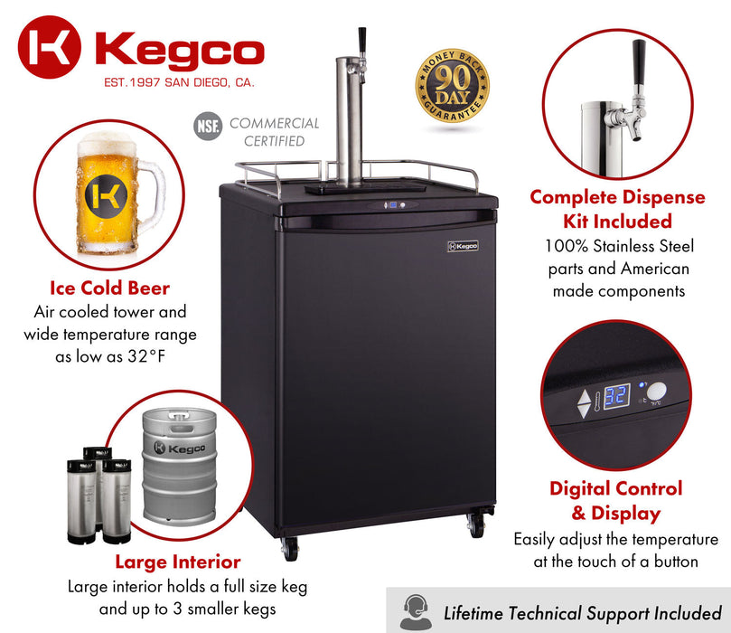 Kegco 24" Wide Freestanding Single Tap Black Kegerator with Temperature Control