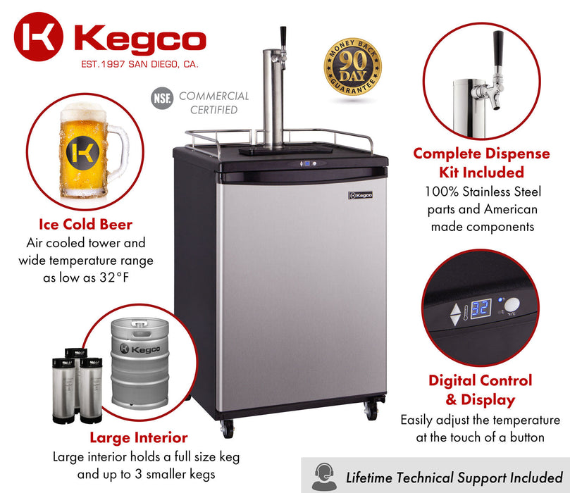 Kegco 24" Freestanding Single Tap Stainless Steel Kegerator with Easy-Roll Casters