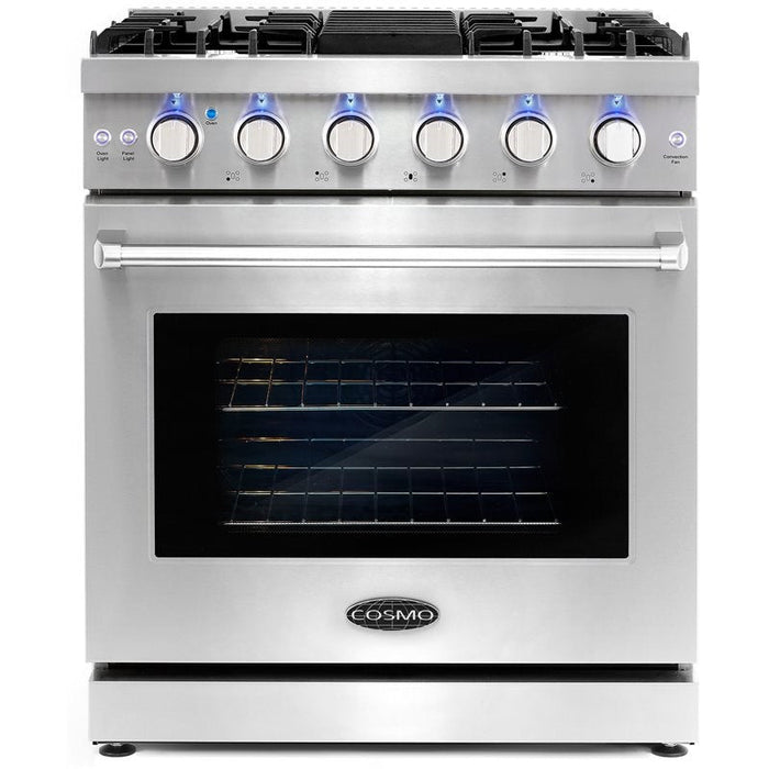 Cosmo 30 in. Slide-In Freestanding Gas Range with 5 Sealed Burners, Cast Iron Grates, 4.5 cu. ft. Capacity Convection Oven in Stainless Steel - COS-EPGR304