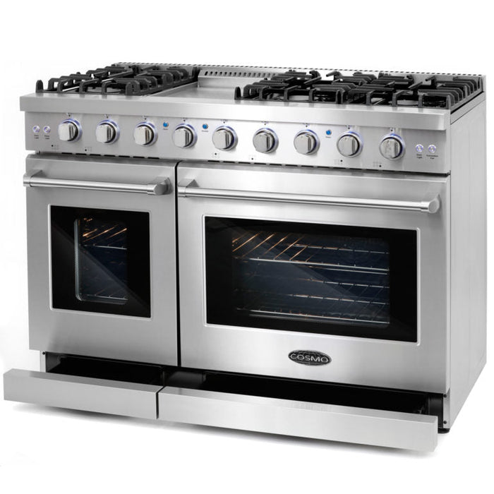 Cosmo 48 in. 6.8 cu. ft. Double Oven Commercial Gas Range with Fan Assist Convection Oven in Stainless Steel Storage Drawer - COS-EPGR486G