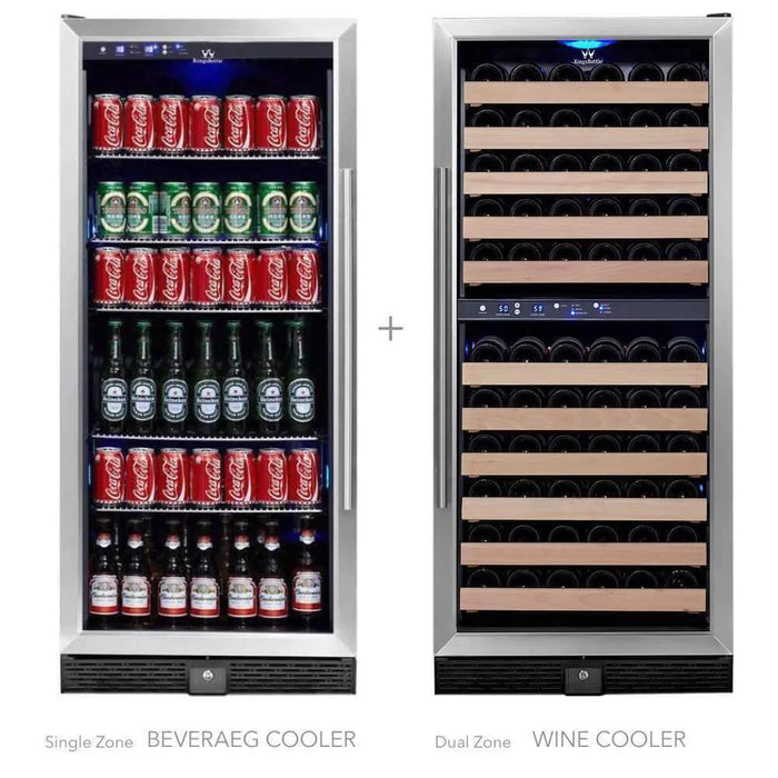 KingsBottle Three Zone 56" Upright Wine And Beverage Fridge Center Cabinet Freestanding