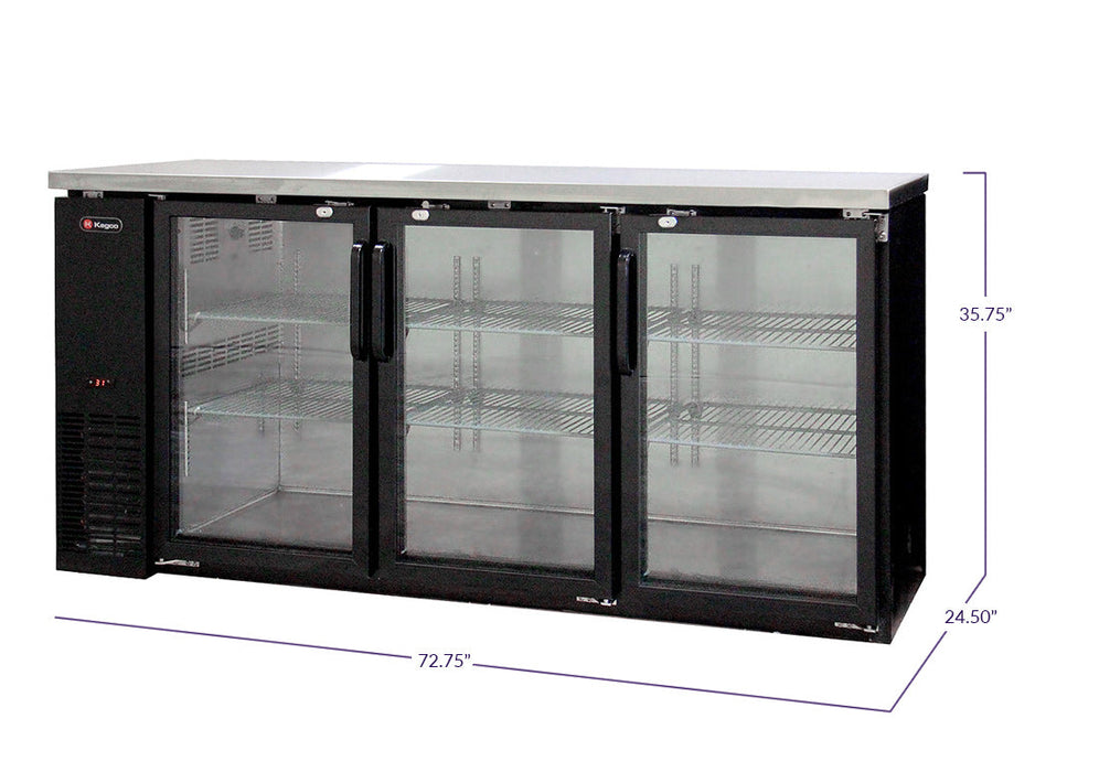 Kegco 72" Commercial Back Bar Cooler with Three Glass Doors