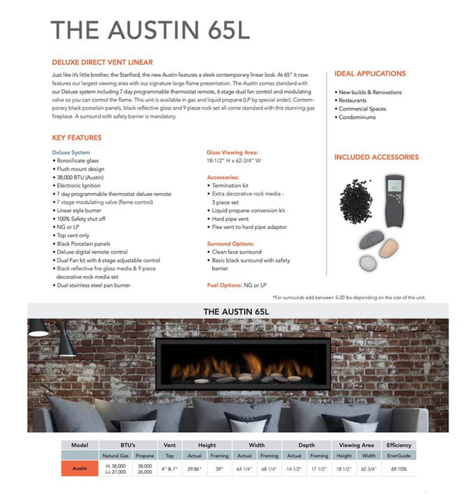 Sierra Flame - Austin 65L Direct Vent Linear Gas Fireplace