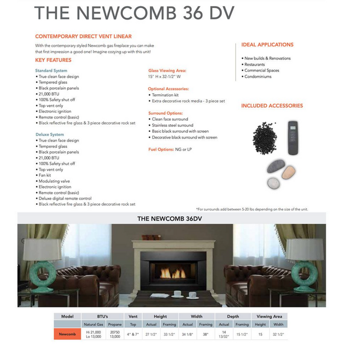 Sierra Flame - Newcomb 36 Direct Vent Linear Gas Fireplace